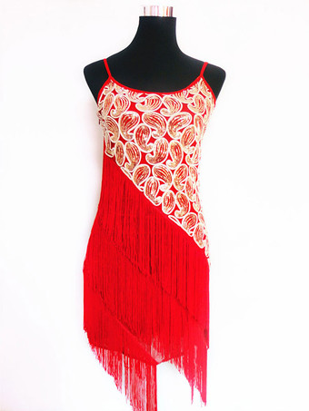 レッドラテンダンス衣装　ラテンダンサー　女性用　大人用　ライクラ・スパンデックス　パフォーマンス　カラーブロック　ドレス　