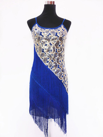 ロイヤルブルーラテンダンス衣装　ラテンダンサー　女性用　大人用　ライクラ・スパンデックス　パフォーマンス　カラーブロック　ドレス　