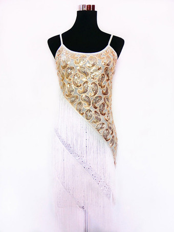 ホワイト ラテンダンス衣装　ラテンダンサー　女性用　大人用　ライクラ・スパンデックス　パフォーマンス　カラーブロック　ドレス　