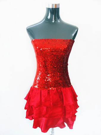 レッドラテンダンス衣装　女性用　パフォーマンス　ラテンダンサー　カラーブロック　シフォン　大人用　ドレス　