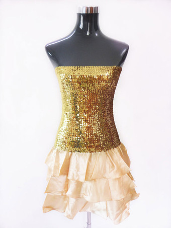 ゴールド ラテンダンス衣装　女性用　パフォーマンス　ラテンダンサー　カラーブロック　シフォン　大人用　ドレス　