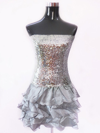 シルバー ラテンダンス衣装　女性用　パフォーマンス　ラテンダンサー　カラーブロック　シフォン　大人用　ドレス　