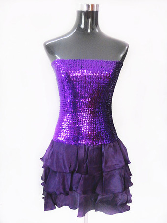 パープル ラテンダンス衣装　女性用　パフォーマンス　ラテンダンサー　カラーブロック　シフォン　大人用　ドレス　