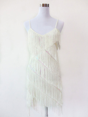 ホワイト レディースラテンダンスコスチューム　社交ダンス衣装　2025　シルバー　タッセル　ラテンダンスドレス