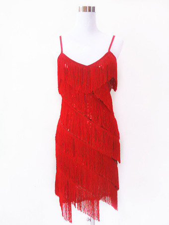 レッドレディースラテンダンスコスチューム　社交ダンス衣装　2025　シルバー　タッセル　ラテンダンスドレス