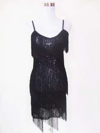 ブラック レディースラテンダンスコスチューム　社交ダンス衣装　2025　シルバー　タッセル　ラテンダンスドレス