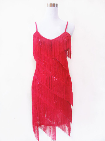 ローズレッドレディースラテンダンスコスチューム　社交ダンス衣装　2025　シルバー　タッセル　ラテンダンスドレス