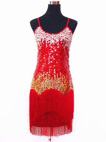 レッドラテンダンス衣装　大人用　ラテンダンサー　女性用　ライクラ・スパンデックス　パフォーマンス　カラーブロック　ドレス　