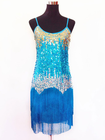 レイクブルー ラテンダンス衣装　大人用　ラテンダンサー　女性用　ライクラ・スパンデックス　パフォーマンス　カラーブロック　ドレス　