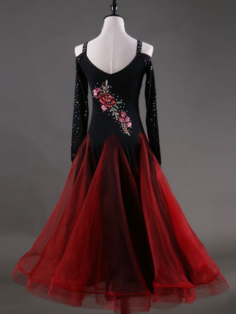 ボールルームダンス衣装　社交ダンスドレス　2025　女性用　オーガンザ　ビーズ　花柄　練習用ダンスドレス