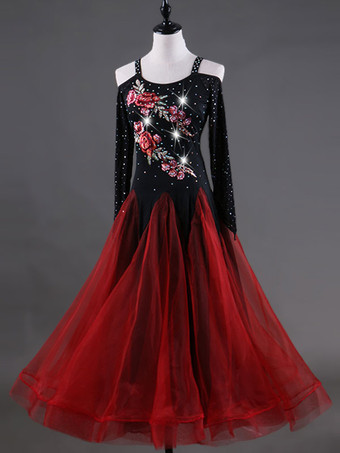 ボールルームダンス衣装　社交ダンスドレス　2025　女性用　オーガンザ　ビーズ　花柄　練習用ダンスドレス