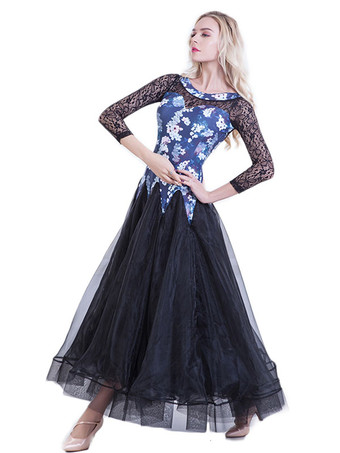 2025新品 社交ダンス衣装 長袖プリント柄　オーガンザダンス服