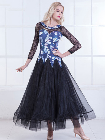 ブルー 2025新品 社交ダンス衣装 長袖プリント柄　オーガンザダンス服