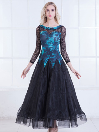 ティール2025新品 社交ダンス衣装 長袖プリント柄　オーガンザダンス服