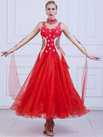 レッドボールルームダンス衣装　社交ダンスドレス　2025　女性用　オーガンザ　ビーズ　練習用ダンスドレス