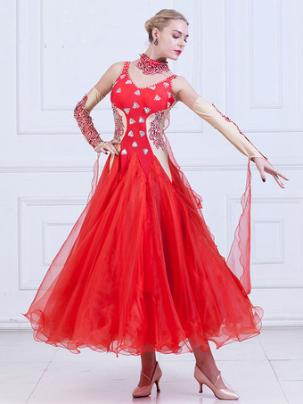 ボールルームダンス衣装　社交ダンスドレス　2025　女性用　オーガンザ　ビーズ　練習用ダンスドレス