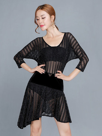 ダンス衣装　ラテンダンス　ブラック　ラテンダンサー　女性用　大人用　ライクラ・スパンデックス　パフォーマンス　無地　ドレス　