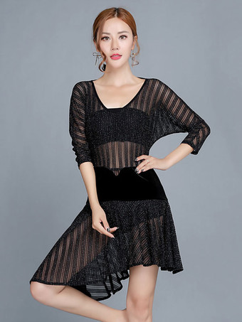 ダンス衣装　ラテンダンス　ブラック　ラテンダンサー　女性用　大人用　ライクラ・スパンデックス　パフォーマンス　無地　ドレス　