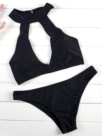 セパレーツ　ブラック　女性用　２点セット　ポリエステル　砂浜　カジュアル　開襟　無地　ローライズ　ラウンドネック　