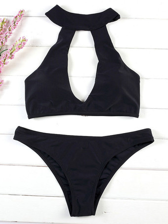 セパレーツ　ブラック　女性用　２点セット　ポリエステル　砂浜　カジュアル　開襟　無地　ローライズ　ラウンドネック　