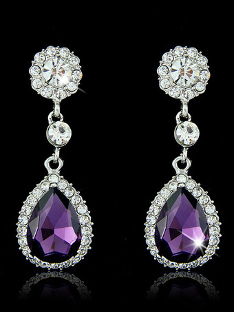 Purple Drop Earrings Wedding Rhinestones Beaded Drop Earring Bridal Jewelry