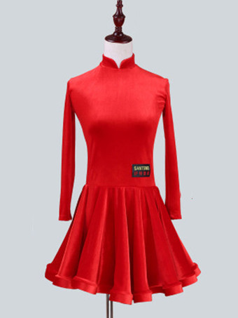 レッドラテンダンス衣装　パフォーマンス　ラテンダンサー　無地　韓国ビロード　ガールズ用　ドレス　