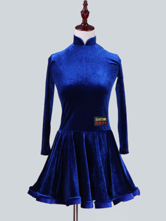 ディープブルーラテンダンス衣装　パフォーマンス　ラテンダンサー　無地　韓国ビロード　ガールズ用　ドレス　
