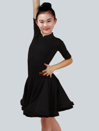 ブラック ダンス衣装　ラテンダンス　ドレス　パフォーマンス　ラテンダンサー　無地　ライクラ・スパンデックス　ガールズ用