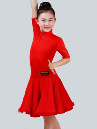 レッドダンス衣装　ラテンダンス　ドレス　パフォーマンス　ラテンダンサー　無地　ライクラ・スパンデックス　ガールズ用