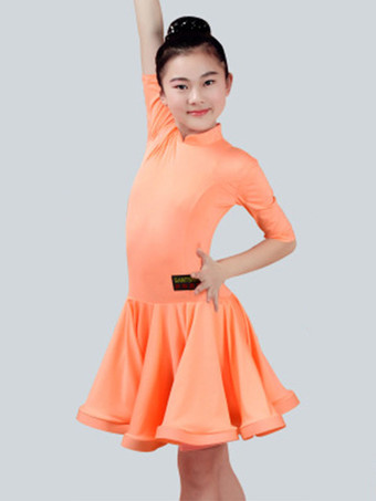 オレンジ ダンス衣装　ラテンダンス　ドレス　パフォーマンス　ラテンダンサー　無地　ライクラ・スパンデックス　ガールズ用
