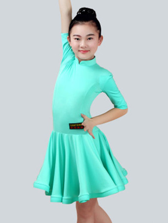 ミントグリーンダンス衣装　ラテンダンス　ドレス　パフォーマンス　ラテンダンサー　無地　ライクラ・スパンデックス　ガールズ用