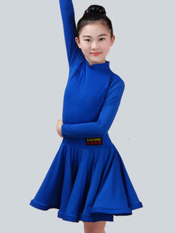 ディープブルーラテンダンス衣装　ラテンダンサー　ガールズ用　ライクラ・スパンデックス　パフォーマンス　ドレス　