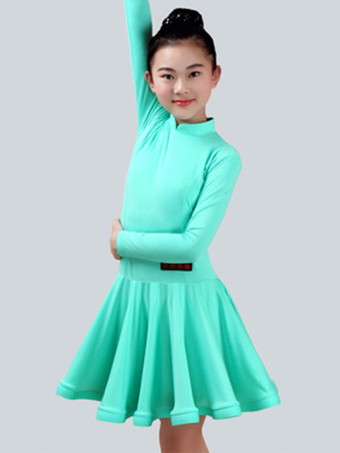 ミントグリーンラテンダンス衣装　ラテンダンサー　ガールズ用　ライクラ・スパンデックス　パフォーマンス　ドレス　