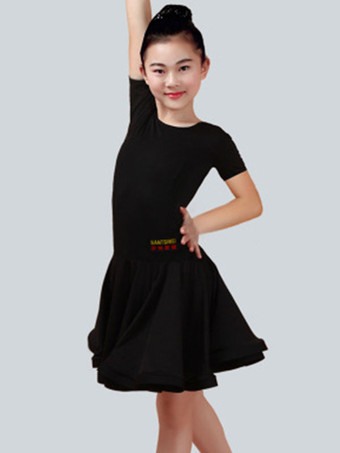 ブラック ラテンダンス衣装　ラテンダンサー　ガールズ用　ライクラ・スパンデックス　パフォーマンス　無地　ドレス　