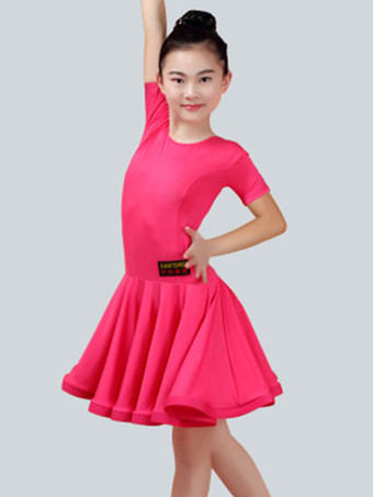 マゼンタ ラテンダンス衣装　ラテンダンサー　ガールズ用　ライクラ・スパンデックス　パフォーマンス　無地　ドレス　