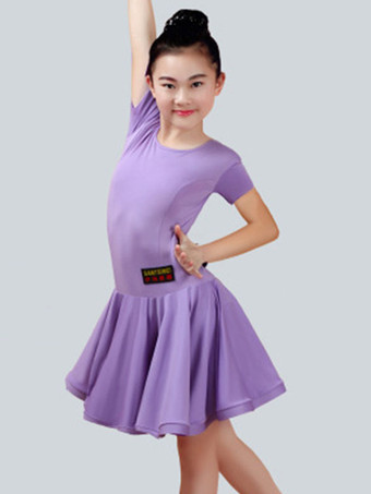 ライラックカラーラテンダンス衣装　ラテンダンサー　ガールズ用　ライクラ・スパンデックス　パフォーマンス　無地　ドレス　