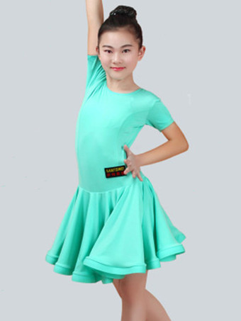 ミントグリーンラテンダンス衣装　ラテンダンサー　ガールズ用　ライクラ・スパンデックス　パフォーマンス　無地　ドレス　