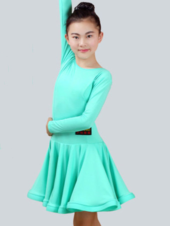 ミントグリーンダンス衣装　ラテンダンス　パフォーマンス　ラテンダンサー　無地　ライクラ・スパンデックス　ガールズ用　ドレス　