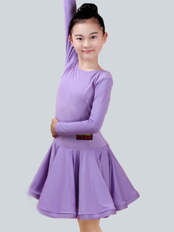 ライラックカラーダンス衣装　ラテンダンス　パフォーマンス　ラテンダンサー　無地　ライクラ・スパンデックス　ガールズ用　ドレス　