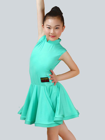 ミントグリーンラテンダンス衣装　ラテンダンサー　ガールズ用　パフォーマンス　ドレス　ライクラ・スパンデックス　