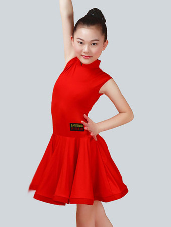 レッドラテンダンス衣装　ラテンダンサー　ガールズ用　パフォーマンス　ドレス　ライクラ・スパンデックス　