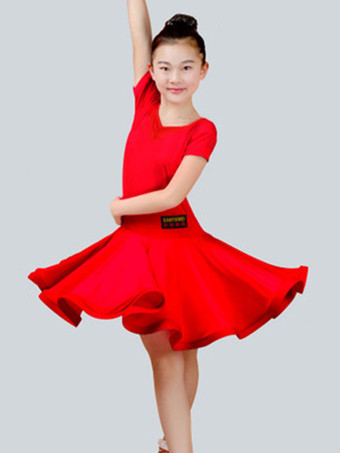 レッドラテンダンス衣装　パフォーマンス　ラテンダンサー　無地　ライクラ・スパンデックス　ガールズ用　ドレス　