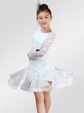 ホワイト ラテンダンス衣装　ラテンダンサー　ガールズ用　パフォーマンス　無地　ドレス　