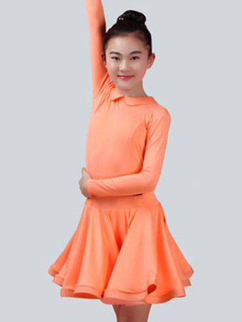 オレンジ ダンス衣装　ラテンダンス　パフォーマンス　ラテンダンサー　無地　ライクラ・スパンデックス　ドレス　ガールズ用　