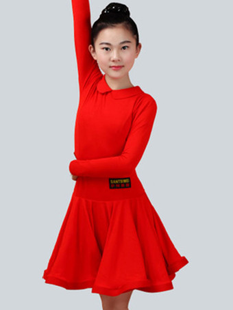 レッドダンス衣装　ラテンダンス　パフォーマンス　ラテンダンサー　無地　ライクラ・スパンデックス　ドレス　ガールズ用　