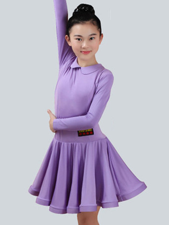 ライラックカラーダンス衣装　ラテンダンス　パフォーマンス　ラテンダンサー　無地　ライクラ・スパンデックス　ドレス　ガールズ用　
