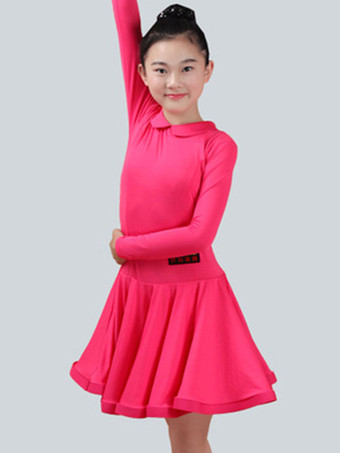 マゼンタ ダンス衣装　ラテンダンス　パフォーマンス　ラテンダンサー　無地　ライクラ・スパンデックス　ドレス　ガールズ用　