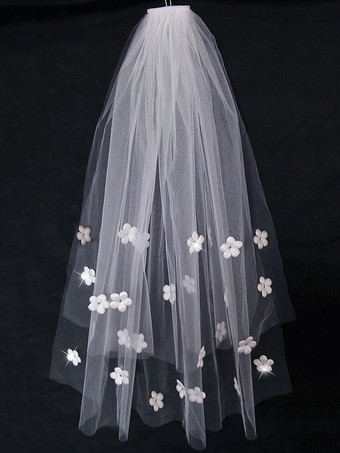 結婚式のベールの櫛の花アップリケのチュールのワンタッチホワイトブライダルベール