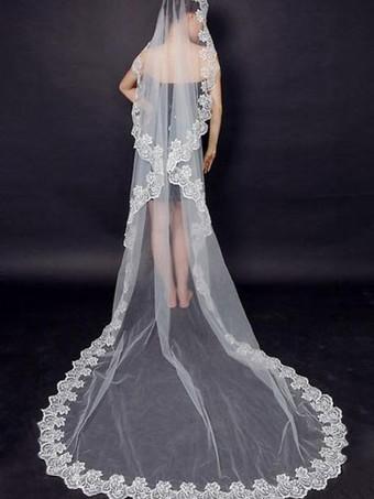 Ivory Wedding Veils One-Tier Tulle Finished Edge Waterfall Long Bridal Veil  - Milanoo.com