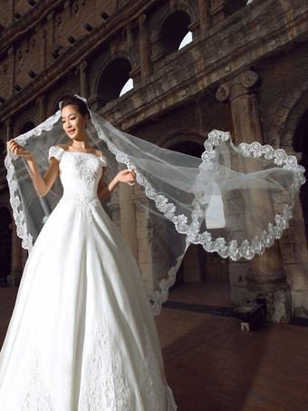 結婚式のベールロングレーストリム白い一層チュール大聖堂ブライダルベール